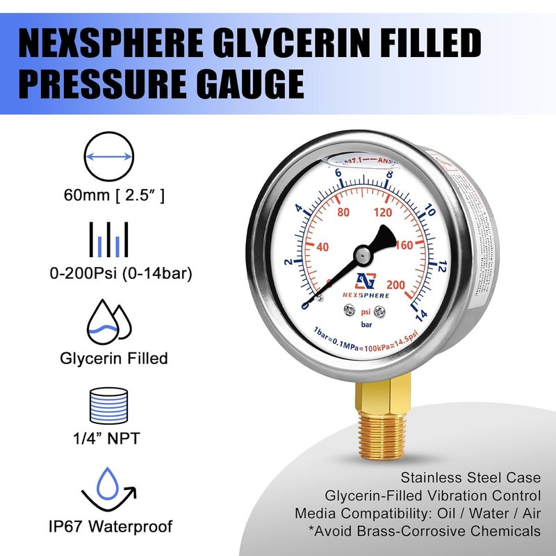 NexSphere 2-1/2" Liquid Filled Pressure Gauge, 0-200 PSI/0-14 Bar, 304 Stainless Steel Case, 1/4" NPT Lower Mount, Brass Connection, Manometer, IP67 Waterproof Air, Oil & Water Pressure Gauge - Image 2